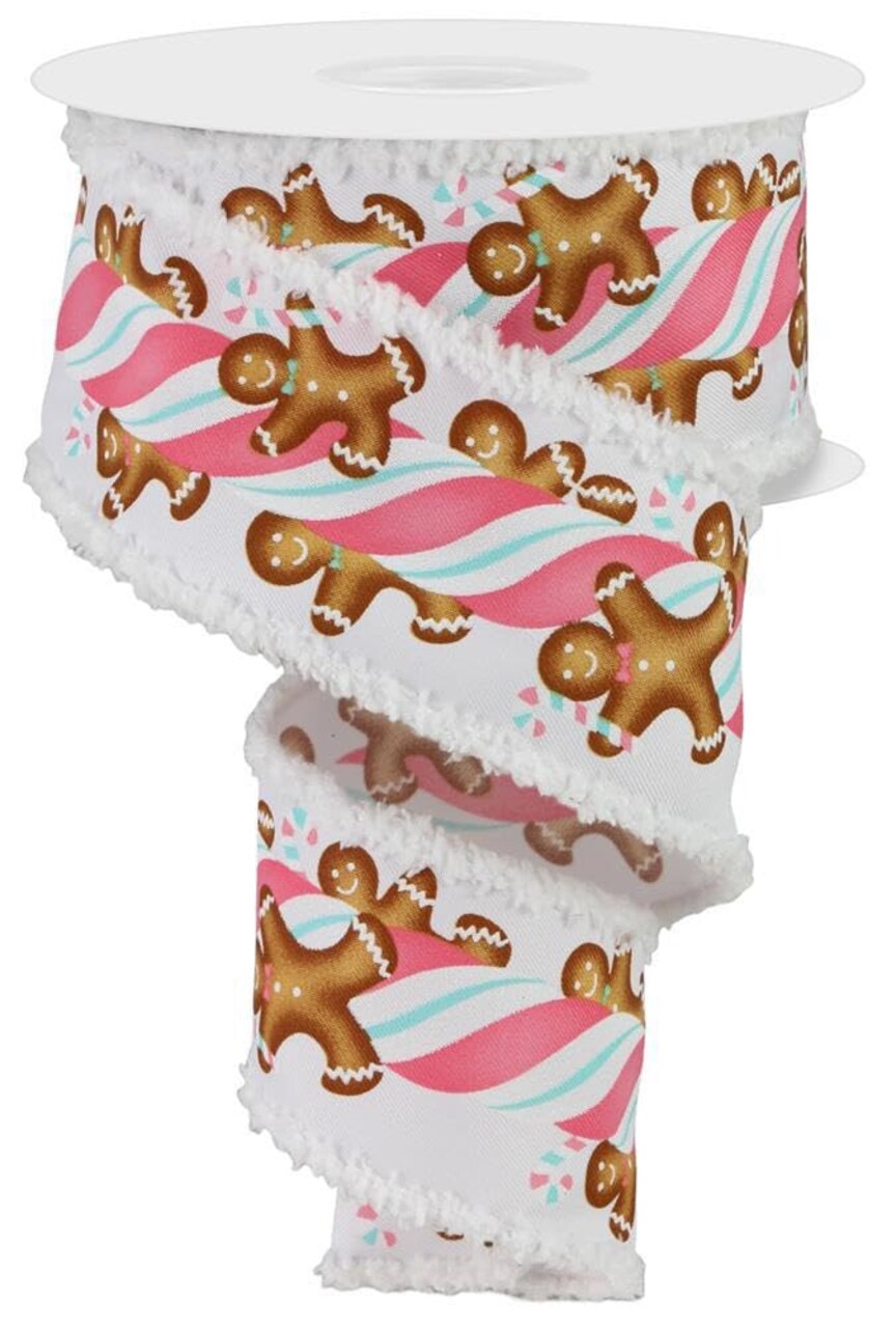 RG Ribbon: 2.5" Pink Gingerbread Kids Wired Ribbon with Striped Peppermint Candy Canes and Drift Edges - For Christmas Bows, Wreaths, Crafts, and Decorations